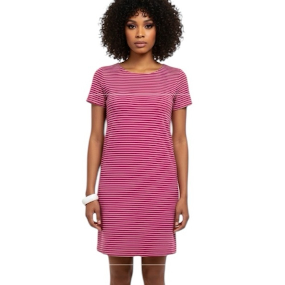 Kenar short sleeve striped pink white shirt dress back gold buttons size L